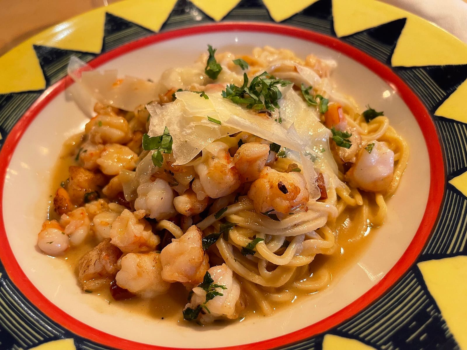 A plated shrimp pasta dish