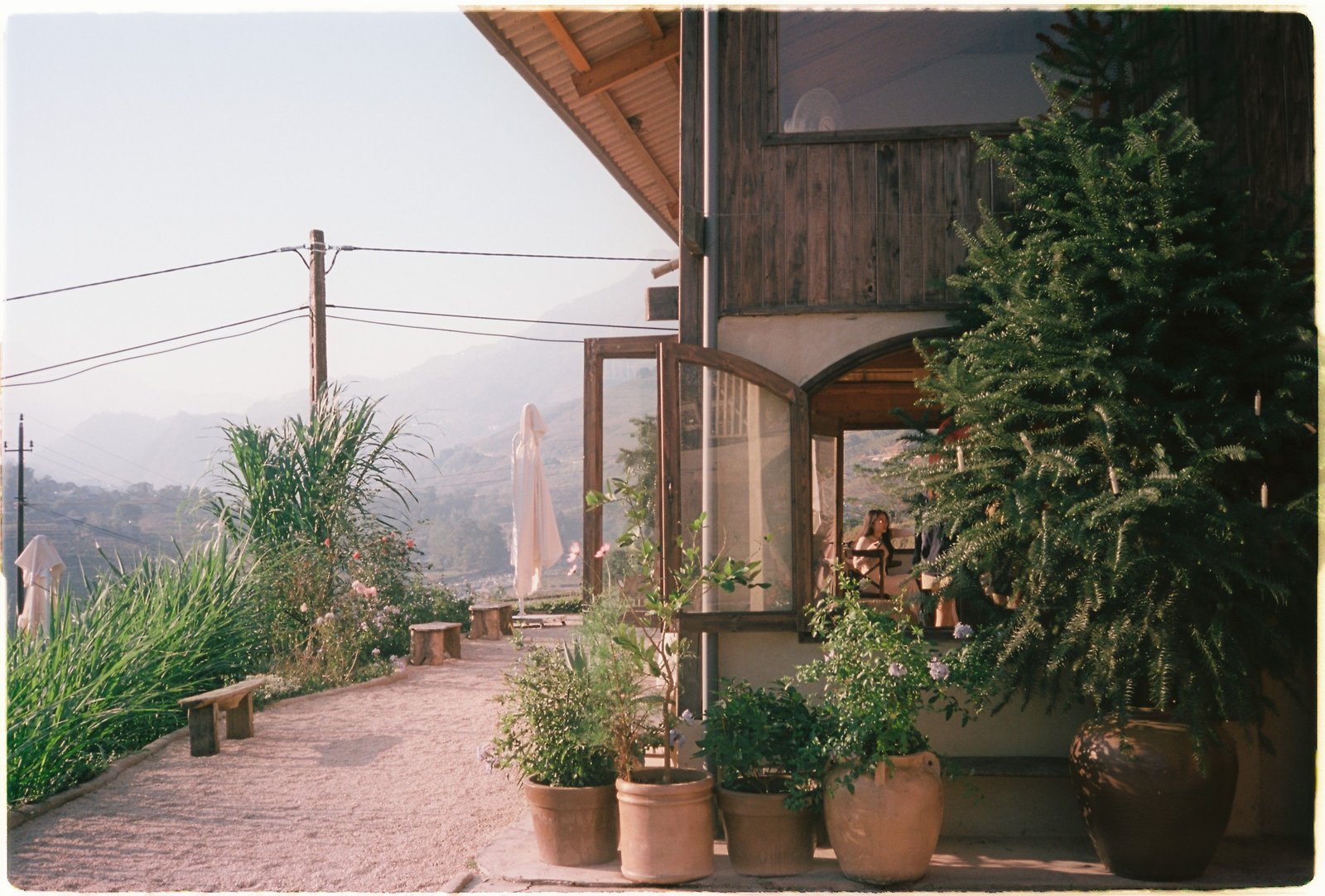 A rustic wooden mountain cafe exterior with an open door, potted plants, tall greenery, and a hazy mountain view
